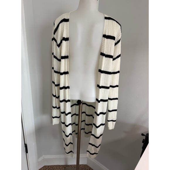 Doe & Rae Sweaters - Doe & Rae Womens Striped Duster Cardigan Cream Black Open Front Ribbed Knit M